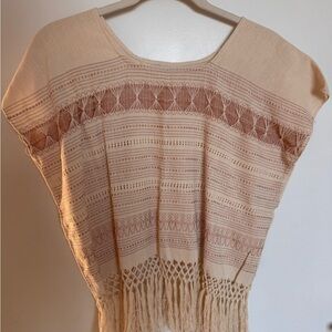 Mexican Ivory Crochet Fringe Tunic Blouse Scoop Neck Short Sleeve Women's Top